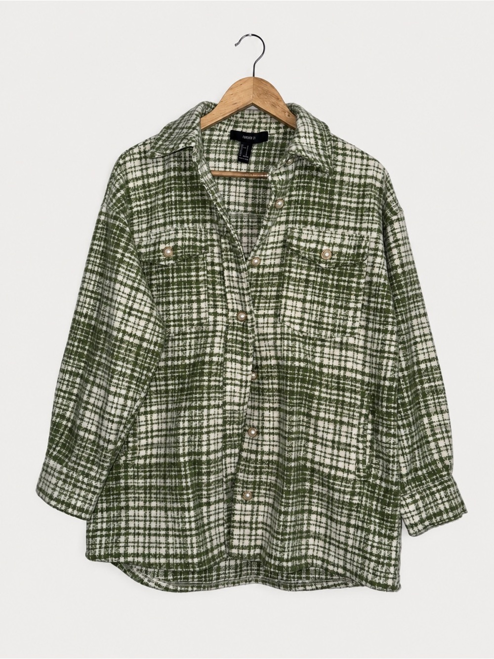 Forever 21 Green Plaid Pearl Button Shacket S